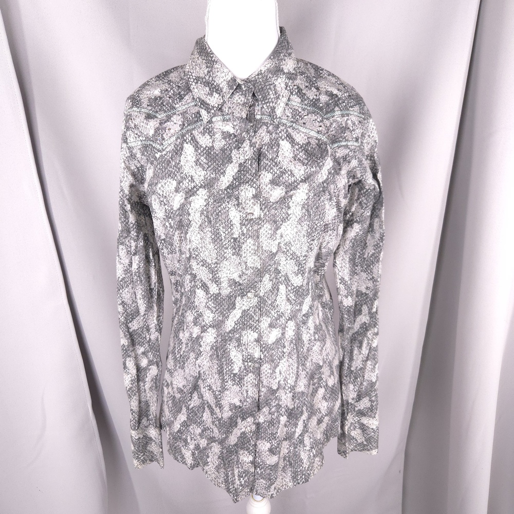 Rock 47 Women M Gray Animal Print Shirt Western Pearl Snap Rhinestone Studded